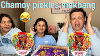 Chamoy pickles mukbang with Selena and Edith [upl. by Aylad]