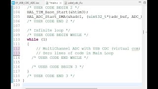 Demo STM32 Multichannel ADC with DMA USBCDC No code in the main loop [upl. by Hammel]