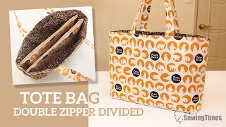 Double Zipper Divided Tote Bag  DIY Document Organizer Bag sewingtimes [upl. by Alrahc]