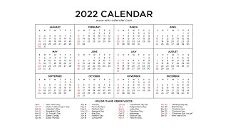 Year 2022 Calendar Printable with Holidays  Wiki Calendar [upl. by Tadashi640]