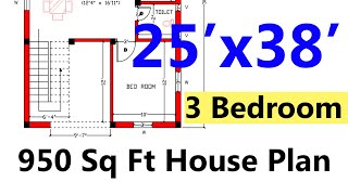 25x38 House Plan  950 Sq Ft 3 Bedroom House Plan 2021 [upl. by Llednew805]