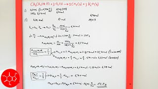 Esercizio di stechiometria C2H6OO2→CO2H2O con reagente limitantedensità Vmolare lezione chimica [upl. by Elsa]