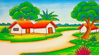 How to draw easy scenery drawing with oil pastel landscape village scenery  village house drawing [upl. by Bonilla555]