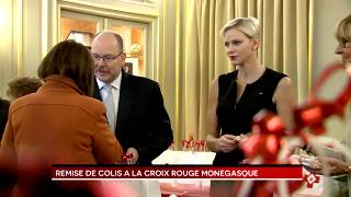 Remise de colis à la Croix Rouge par LLAASS le Prince Albert II et la Princesse Charlene [upl. by Deer922]