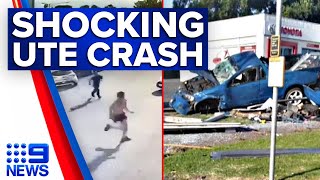 Shocking CCTV footage shows ute flipping over after crash  9 News Australia [upl. by Rialcnis772]