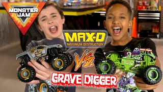 MAXD vs Grave Digger  MONSTER JAM Toy Truck Recreation Challenges  Revved up Recaps Rival Race [upl. by Ahtreb]