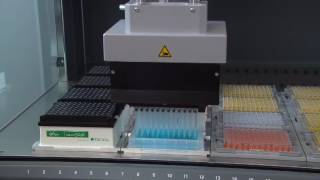 An MCA 96 is pipetting in 96 well format from trough to plate [upl. by Nwahsed36]