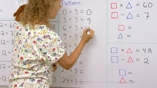 Missing factors multiplication pattern and multiplication puzzles  3rd or 4th grade math lesson [upl. by Yvor]