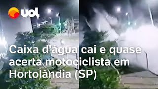 Caixa dágua cai e quase acerta motociclista em Hortolândia SP vídeo mostra momento [upl. by Mal]