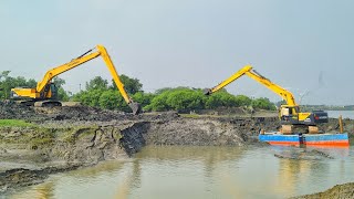 Excavator Working on River on pontoon HYUNDAI 245LR SMART Long Reach Excavator Digging The River [upl. by Alleiram]