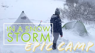 Backcountry Camping in a SNOW STORM w3season tent cozy fire and castiron cooking [upl. by Hite303]